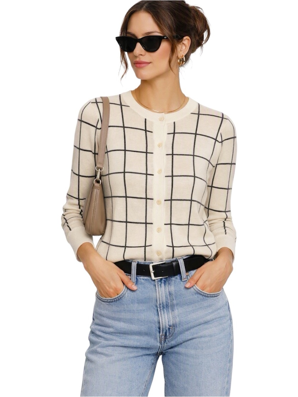 NWT Nordstrom Halogen Windowpane Grid striped Cardigan Black cream Small Petite